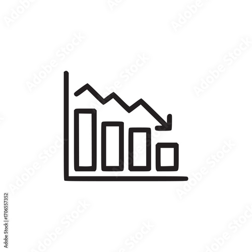 Vector art of a minimalist line drawing of a bar graph showing a downward trend, the graph depicts declining values with an arrow indicating a decrease, symbolizing loss, failure, or negative growth i