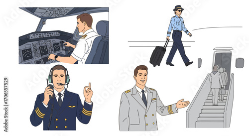 Diverse Aviation Professionals Illustration, Ideal for Educational Materials, Travel Guides, and Aviation Industry Resources.