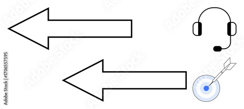 Two opposing arrows and a headset with target and arrow visualize communication flow, goals, and feedback. Ideal for customer service, goals, strategy, support, leadership, teamwork simple flat