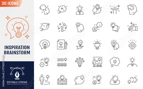 Inspiration and Brainstorm line icon set. Editable stroke. Includes innovation, imagination, talent, and more. Vector illustration