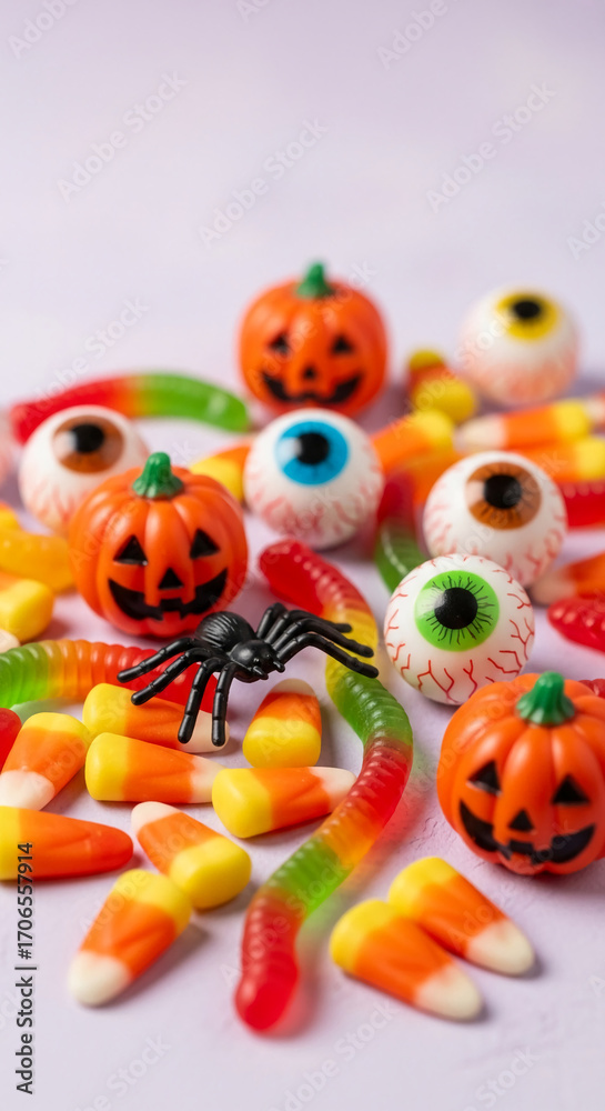 Obraz premium Assortment of Halloween candies: gummy worms, candy corn, jelly eyeballs, and small pumpkins. Image showcases festive treats, ideal for Halloween-themed designs or blogs