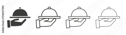 Hand holding tray icon outline vector. Thin linear logo