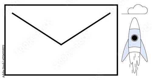 Envelope with rocket launching upward, representing innovation, speed, creativity, growth, communication, progress, and technology. Ideal for business startups teamwork and mailing concepts