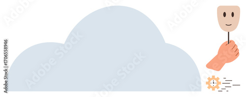 Hand lifting happy mask from cloud as gear spins, symbolizing manipulation, cybersecurity, anonymity, and emotions. Ideal for trust, technology, psychology, identity cloud computing secrecy simple