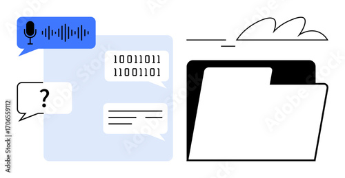 Speech bubble with microphone, binary code, text conversation, and cloud elements near file folder. Ideal for communication, voice recognition, data storage, cloud technology, documentation digital