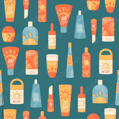 Flat seamless pattern with sunscreen bottle, tube, lotion, cream and container. Sunblock and spf protection background for sun care product, cosmetic sun skin protection, summer seamless concept.