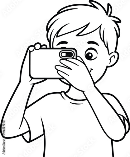 Young boy happily taking photo with smartphone, capturing moments, technology usage, smiling kid, digital photography, modern childhood, playful expression, mobile phone camera fun.