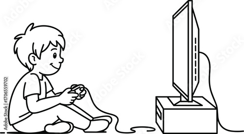 Smiling young boy sitting on floor playing video games with wired controller, focused on TV screen, enjoying indoor gaming and leisure time activity.