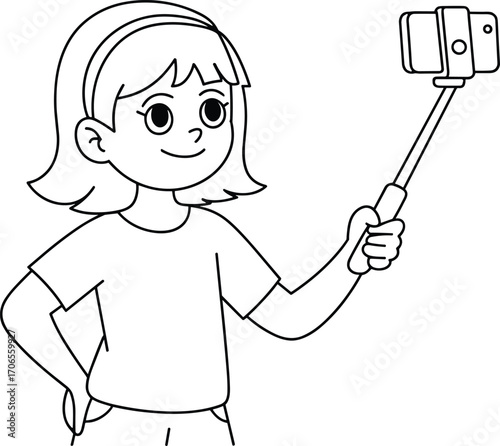 Cute cartoon girl taking a selfie with smartphone, holding selfie stick, happy child character illustration, fun digital lifestyle, outline drawing