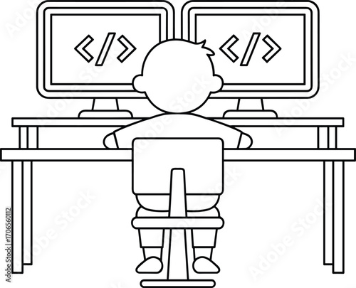 Cartoon child coding on dual monitors, back view of young boy programmer at computer desk, kids learning programming, coding education concept illustration.