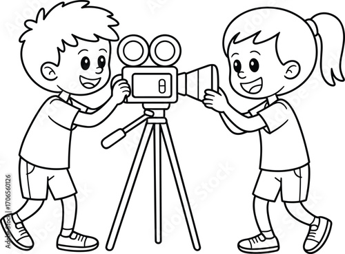 Happy kids making a movie with vintage film camera on tripod, cartoon illustration of children filming together, creative filmmaking, childhood teamwork concept.