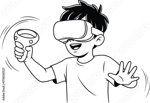 Boy enjoying virtual reality game, wearing VR headset and holding controller, digital gaming experience, cartoon illustration of child playing VR video game.