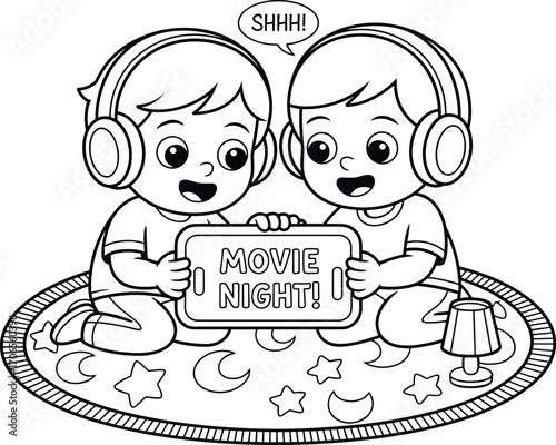 Two kids enjoying movie night, wearing headphones, holding tablet with "MOVIE NIGHT!" message, sitting on rug, relaxing, cartoon illustration of fun children activity.