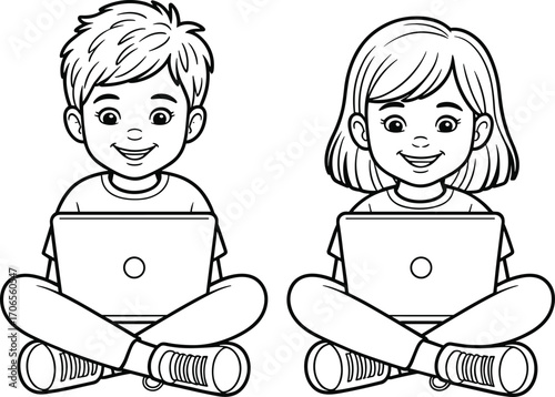 Happy kids using laptops, boy and girl sitting cross-legged, online learning, homeschooling, digital education, e-learning, cartoon vector illustration for education content.