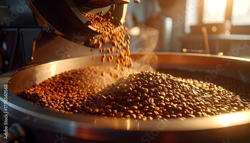 Roasted coffee beans falling into a large metal bowl