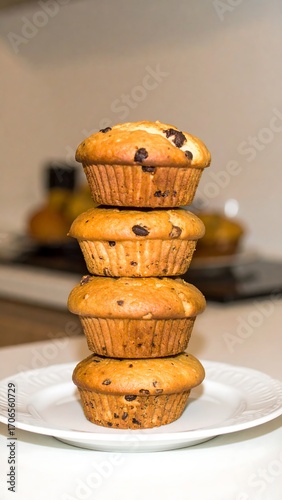 Stack of chocolate chip muffins on a plate