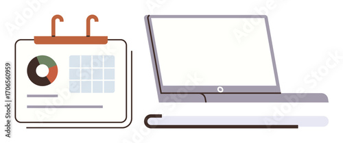Open laptop next to a desk calendar featuring a pie chart and grid layout. Ideal for organization, remote work, productivity, time tracking, scheduling, planning, data analysis, simple flat metaphor