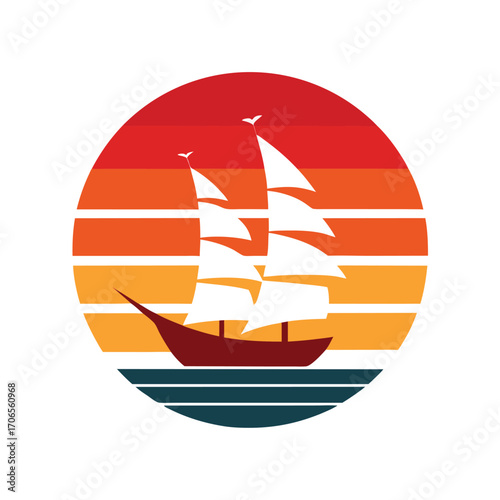 Retro Sunset with Sailing Ship Silhouette Flat Vector