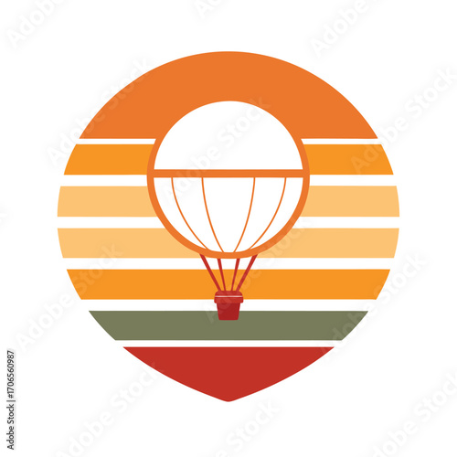 Retro Sunset with Hot Air Balloon Floating Silhouette