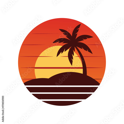 Vintage Sunset with Tropical Island Silhouette Vector