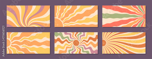 Groovy sun burst set in retro style with wavy orange and yellow pattern brings flat burst and sunshine. Grungy y2k background flat graphic, classic sun sunshine effect, horizontal layout.