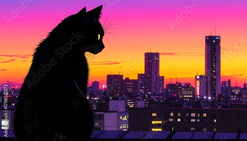 Silhouette cat gazes at city sunset