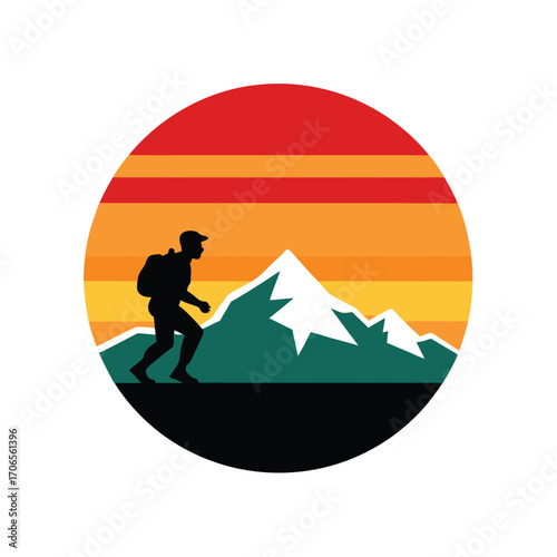 Vintage Sunset with Mountain Climber Silhouette Art