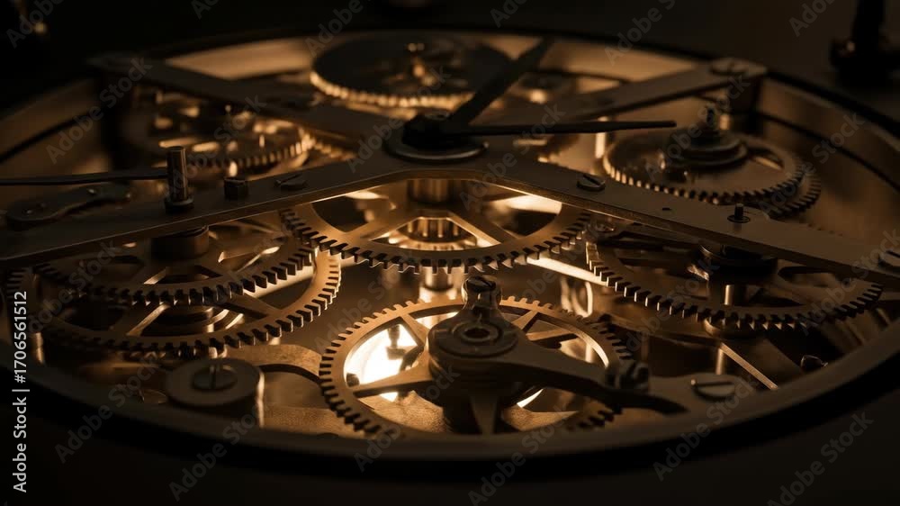 Intricate clockwork mechanism featuring gears, time, and movement, highlighting precision and engineering.