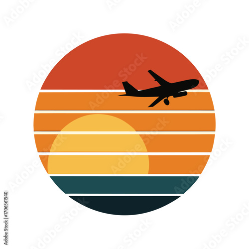 Vintage Sunset with Airplane Flying Silhouette Vector