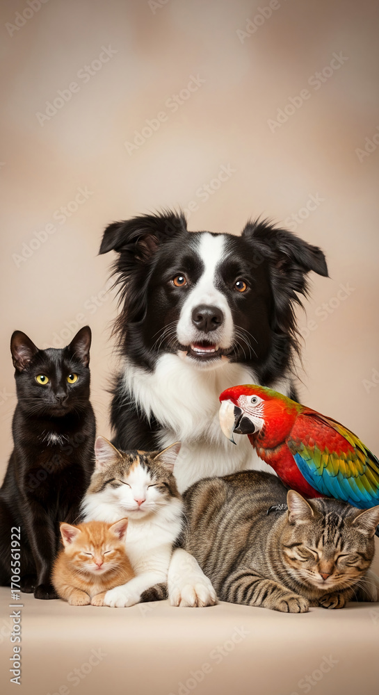 Obraz premium Border collie dog with three cats and parrot. Group of pets together, showcasing animal companionship and diversity, ideal for pet-related projects