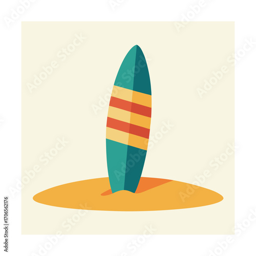 Retro Surfboard Leaning on Sand Flat Minimal Vector