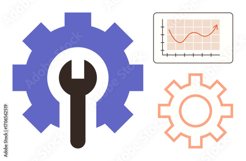 Gear with a wrench representing tools or engineering, simple chart with growth trend, smaller gear design. Ideal for maintenance, productivity, growth, engineering, mechanics, progress optimization