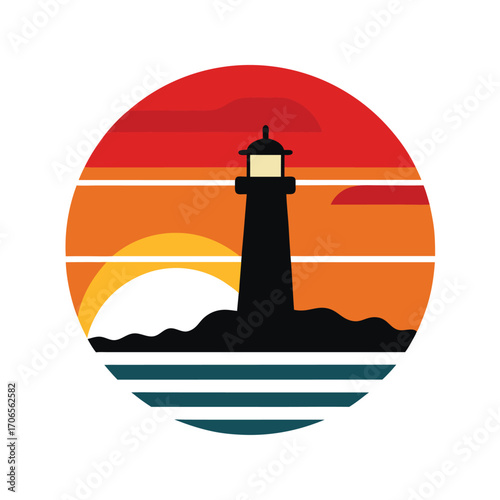 Retro Sunset with Lighthouse by the Sea Silhouette