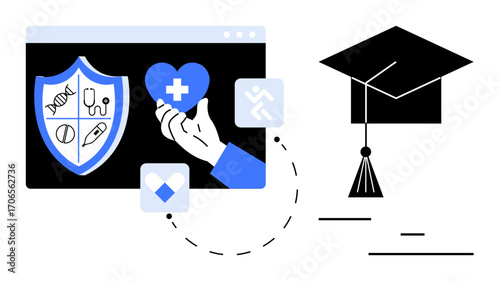 Shield with medical symbols, hand holding heart icon, and graduation cap highlight links between health and education. Ideal for healthcare learning, e-learning platforms, medical training, student