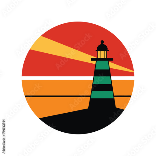 Retro Sunset with Lighthouse Beam Silhouette Design