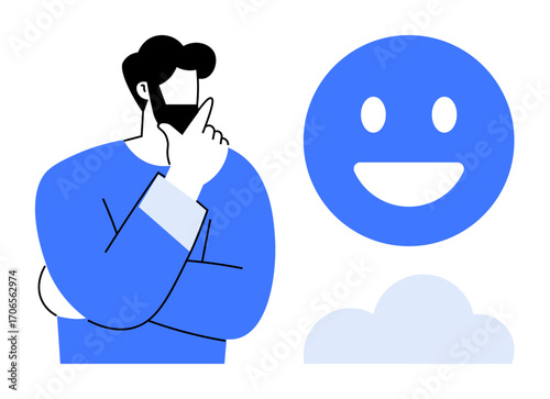 Man with hand on chin in a thoughtful pose near a happy face and cloud. Ideal for decision-making, positivity, self-reflection, mental health, optimism, mindfulness, and a simple landing page