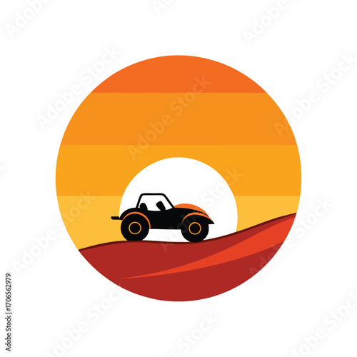 Retro Sunset with Desert Dune Buggy Silhouette Vector