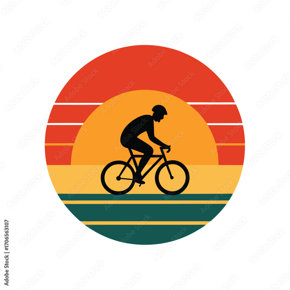 Fototapeta premium Retro Sunset with Cyclist Riding Silhouette Vector