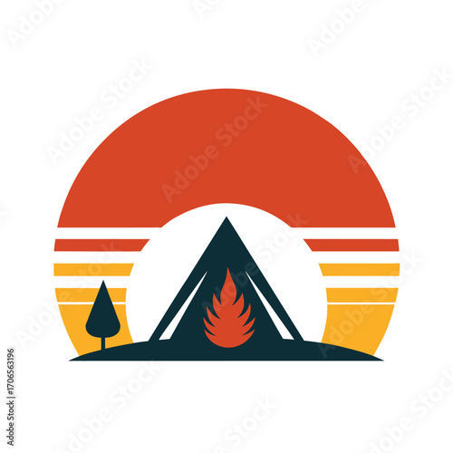 Retro Sunset with Campfire and Tent Silhouette Scene