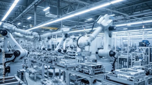 Automated robotic arms in a modern factory for manufacturing with advanced technology, industrial production, and blue tone.