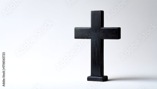 Black Christian Cross on White Background with Copy Space, Banner for Easter and Christmas Holidays