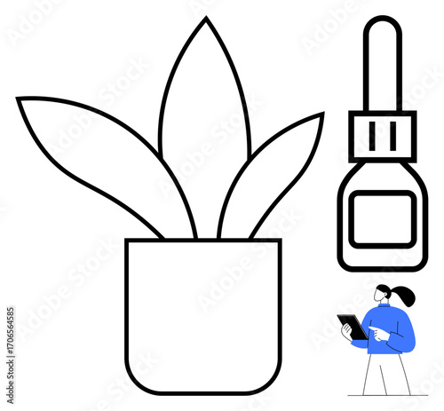 Potted plant with three leaves, dropper bottle, and a woman holding a tablet emphasizing growth, wellness, skincare, minimalism, sustainability, botanical care, and a simple landing page