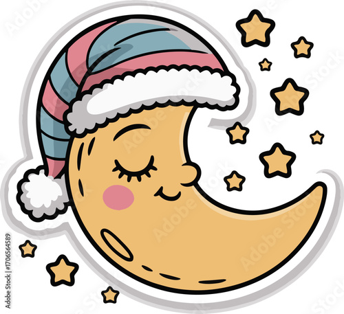 Vector art of cute crescent moon with sleeping face wearing a nightcap surrounded by stars, vector illustration of a cartoon moon with closed eyes and rosy cheeks for kids
