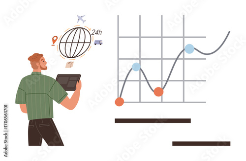 Man holding tablet evaluates global logistics icons thumbs up airplane, globe, and truck alongside a line graph. Ideal for data analysis, logistics, business strategy, investment, market trends