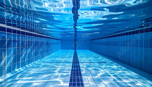 Underwater view of a swimming pool lane.  Sunlight reflects on the blue tiled floor and walls, creating shimmering patterns