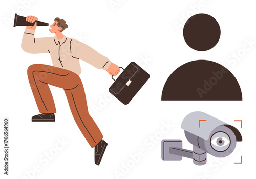 Man holding telescope and briefcase, observing for growth, next to anonymous head icon, surveillance camera. Ideal for security, privacy, business vision, opportunity, leadership exploration simple