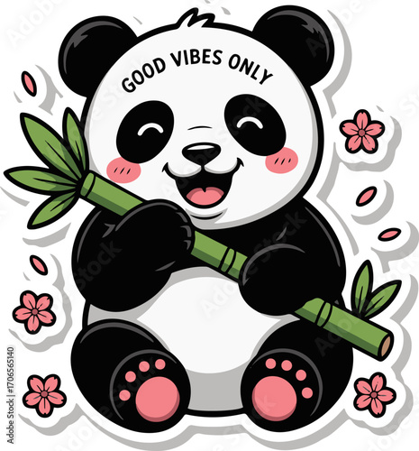 Vector art of cute panda sticker cartoon panda bear holding bamboo stick with cherry blossom flowers good vibes only lettering kawaii animal illustration for kids