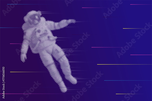 Illustrative vector design of digital astronaut made with pixels on purple gradient background