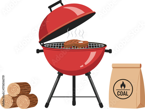 Cartoon charcoal grill with meat, red barbecue setup with wood and coal bag, cad drawing flat vector illustration