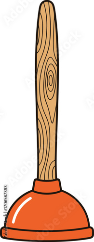 Cartoon plunger illustration, red rubber suction tool, wooden handle vector, household cleaning item, cad drawing flat vector illustration
